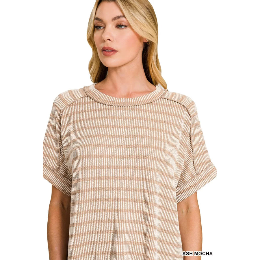 Zenana Raised Rib Striped Exposed Seam Top Apparel and Accessories