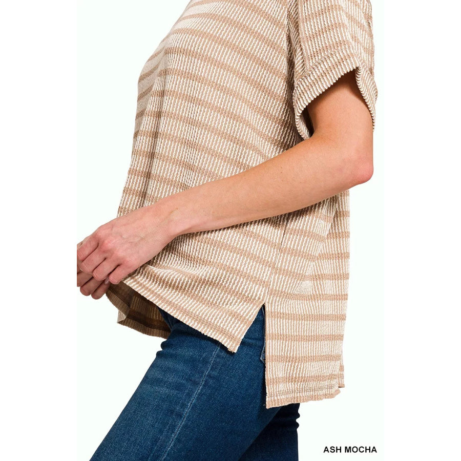 Zenana Raised Rib Striped Exposed Seam Top Apparel and Accessories