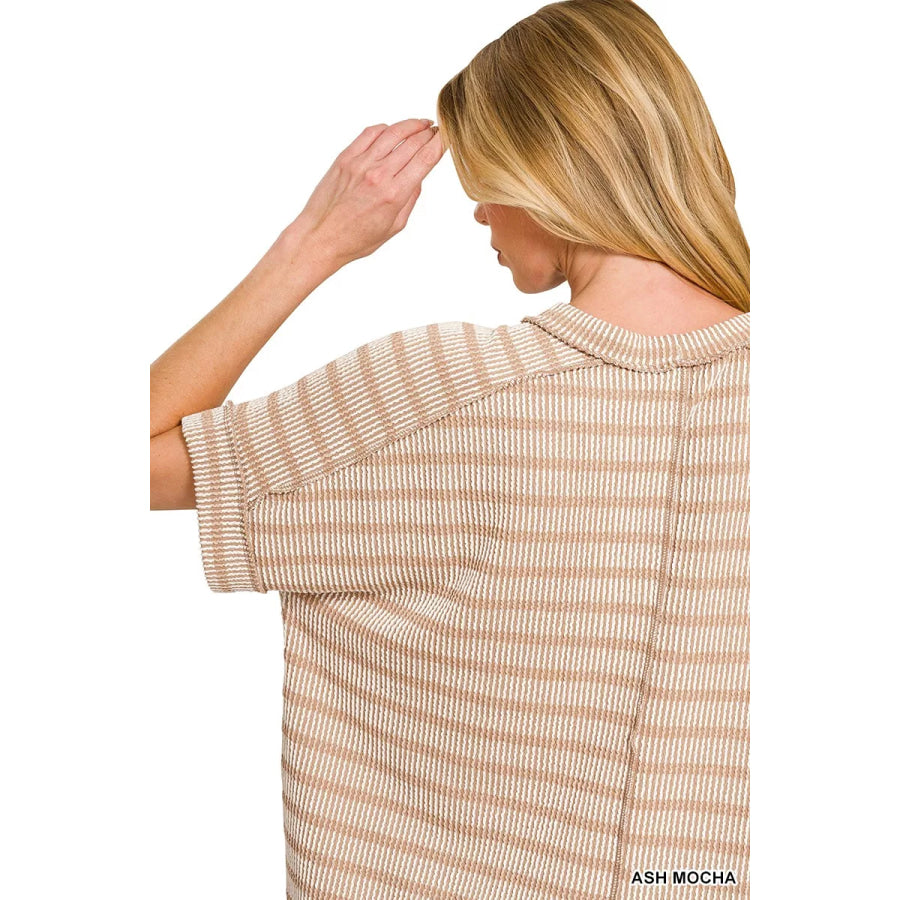 Zenana Raised Rib Striped Exposed Seam Top Apparel and Accessories
