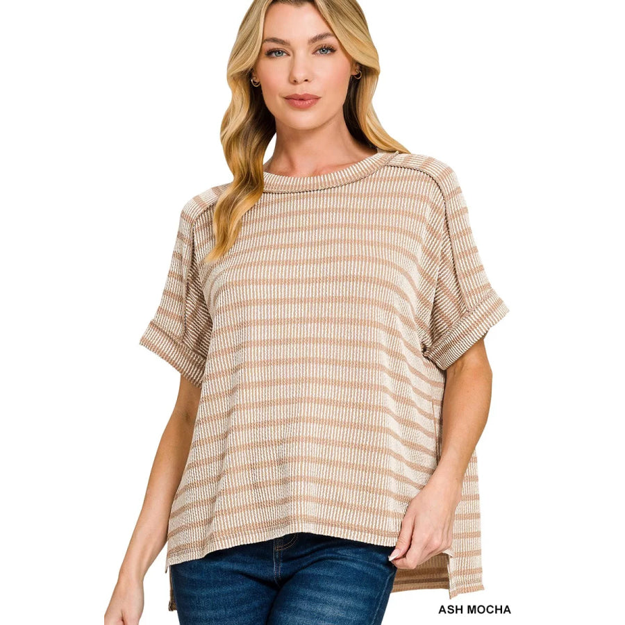 Zenana Raised Rib Striped Exposed Seam Top ASH MOCHA / S/M Apparel and Accessories