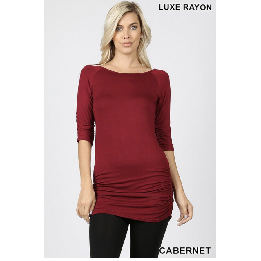 Rayon 3/4 Sleeve Tunic with Shirring S / Cabernet Tops