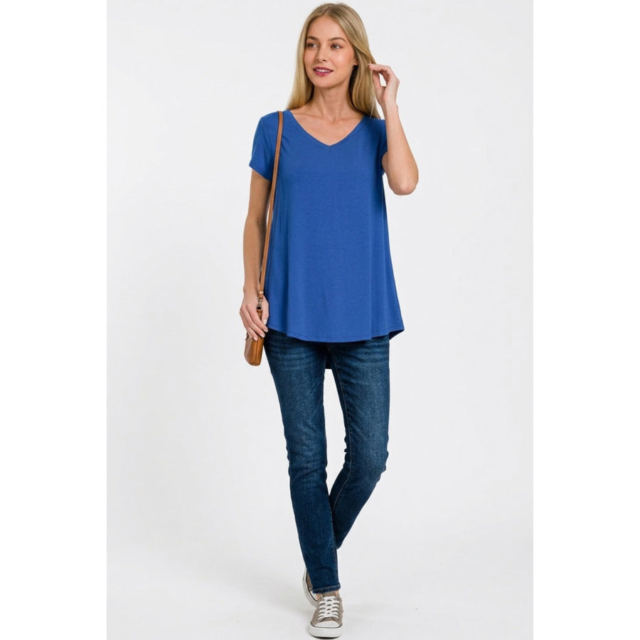 Zenana Rayon Short Sleeve V-neck Round Hem Top Apparel and Accessories