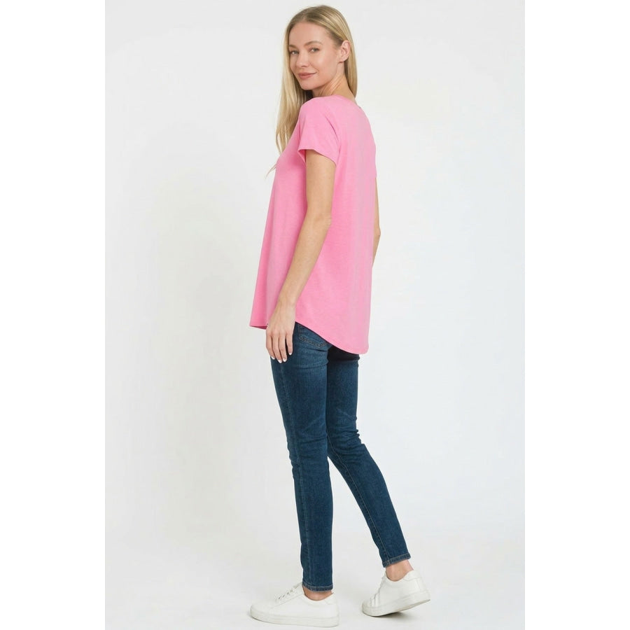 Zenana Rayon Short Sleeve V-neck Round Hem Top Apparel and Accessories