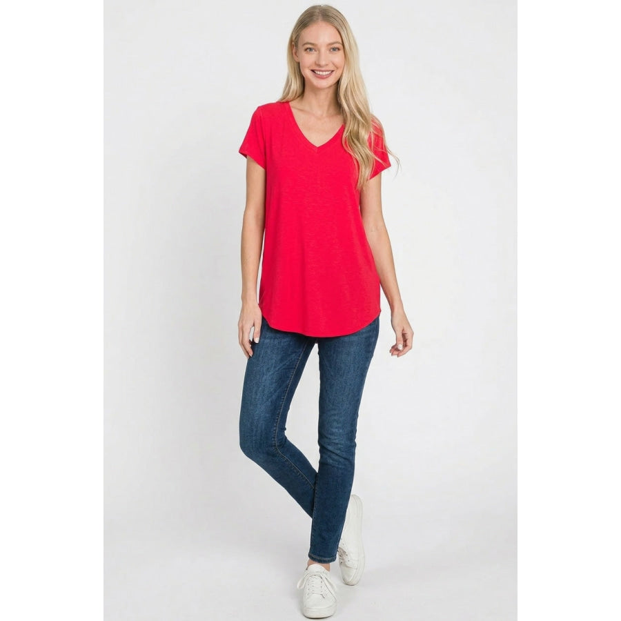 Zenana Rayon Short Sleeve V-neck Round Hem Top RUBY / S Apparel and Accessories