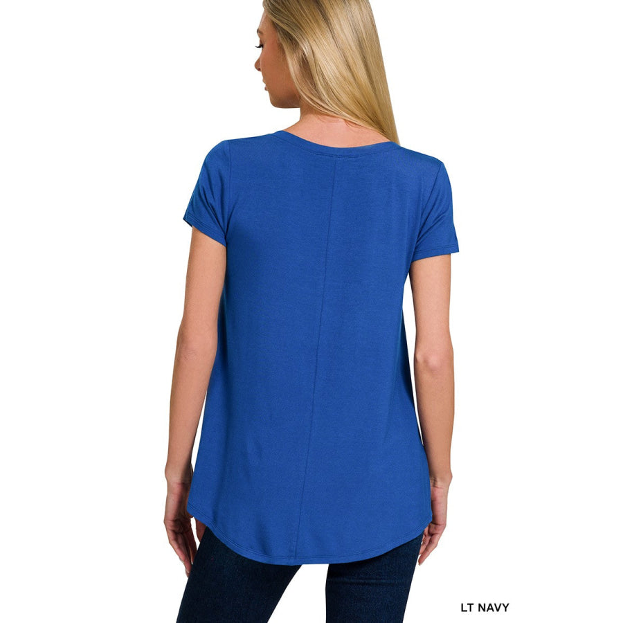 Zenana Rayon Short Sleeve V-neck Round Hem Top LT NAVY / S Apparel and Accessories