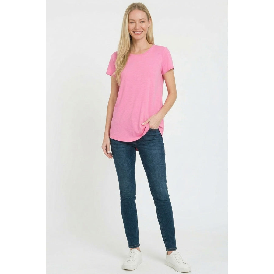 Zenana Rayon Short Sleeve V-neck Round Hem Top Apparel and Accessories