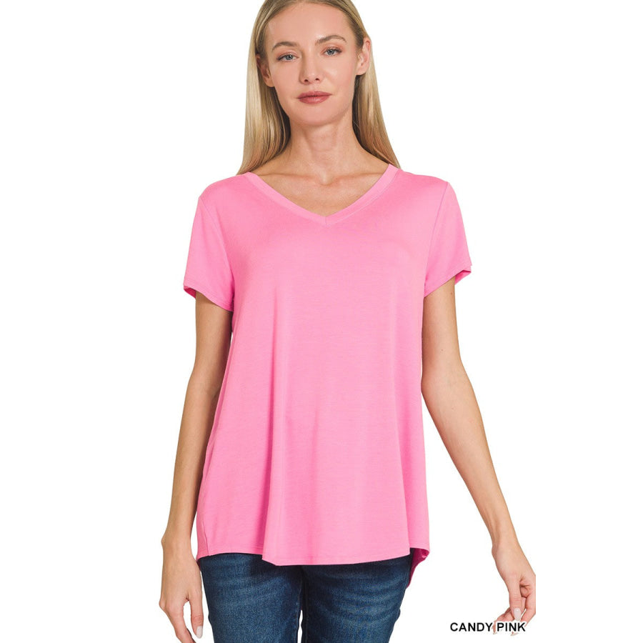 Zenana Rayon Short Sleeve V-neck Round Hem Top CANDY PINK / S Apparel and Accessories