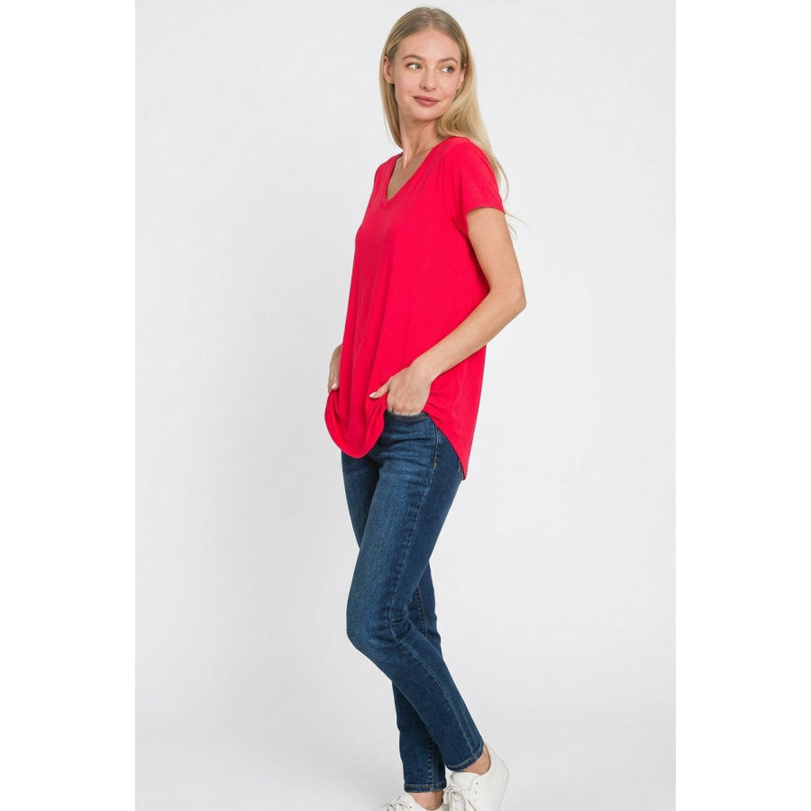 Zenana Rayon Short Sleeve V-neck Round Hem Top Apparel and Accessories