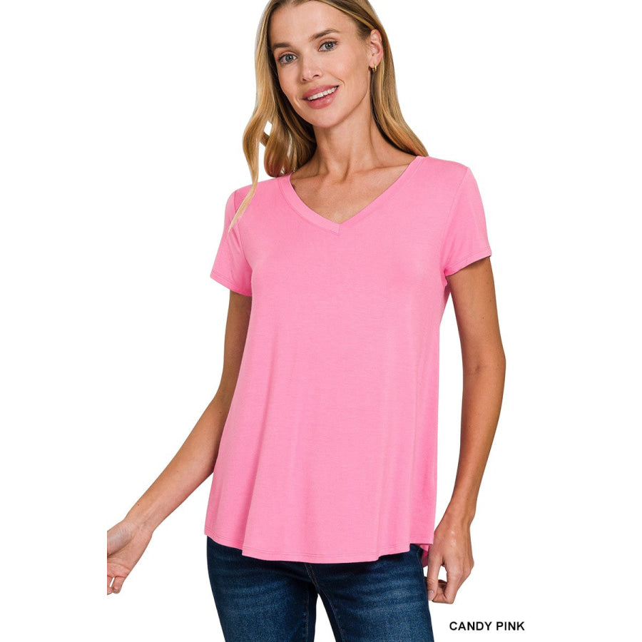 Zenana Rayon Short Sleeve V-neck Round Hem Top CANDY PINK / S Apparel and Accessories