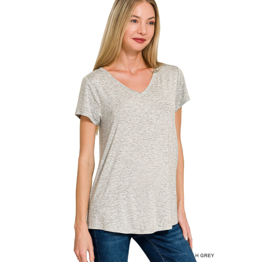 Zenana Rayon Short Sleeve V-neck Round Hem Top H GREY / S Apparel and Accessories