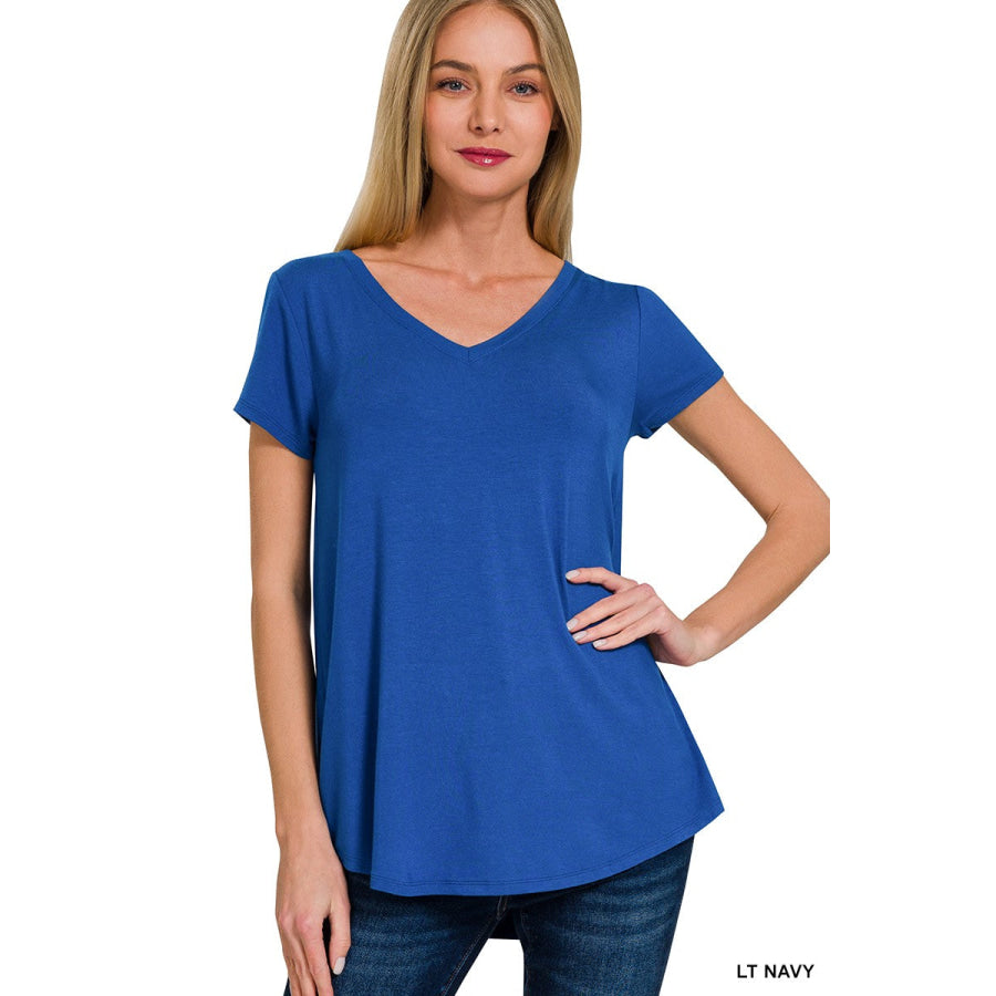 Zenana Rayon Short Sleeve V-neck Round Hem Top LT NAVY / S Apparel and Accessories