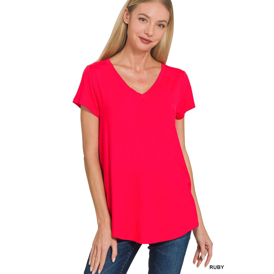 Zenana Rayon Short Sleeve V-neck Round Hem Top RUBY / S Apparel and Accessories