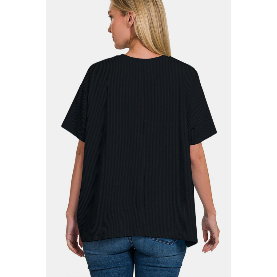 Zenana Rib Short Sleeve Front Pocket T-Shirt Black / S/M Apparel and Accessories