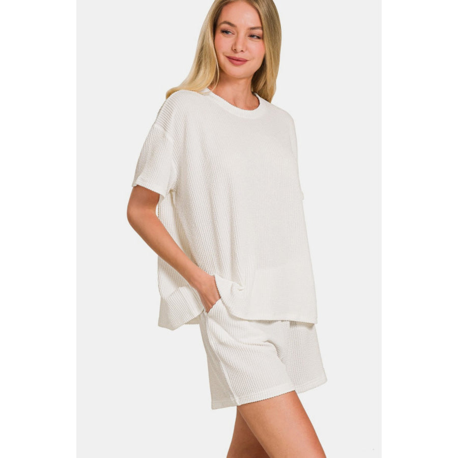 Zenana Rib Short Sleeve T-Shirt and Shorts Set Apparel and Accessories