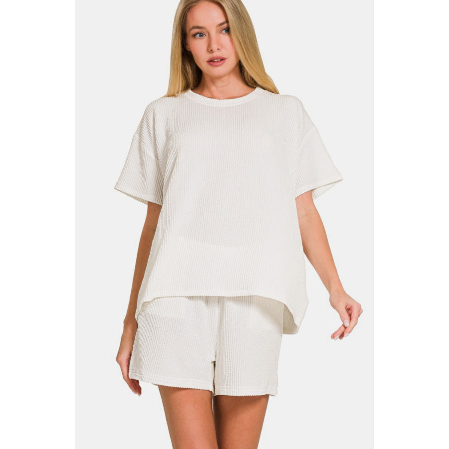 Zenana Rib Short Sleeve T-Shirt and Shorts Set Off White / S Apparel and Accessories