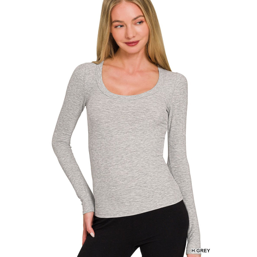 Zenana Ribbed Boat Neck Long Sleeve T-Shirt H GREY / S Apparel and Accessories