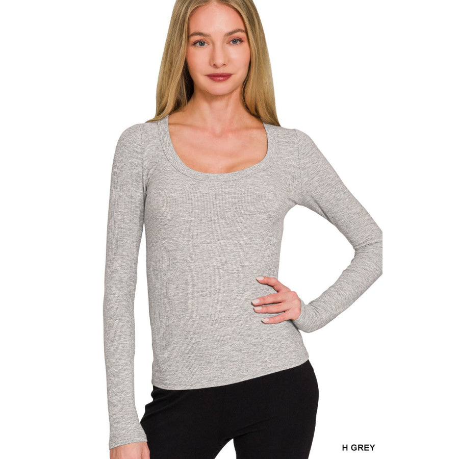 Zenana Ribbed Boat Neck Long Sleeve T-Shirt H GREY / S Apparel and Accessories