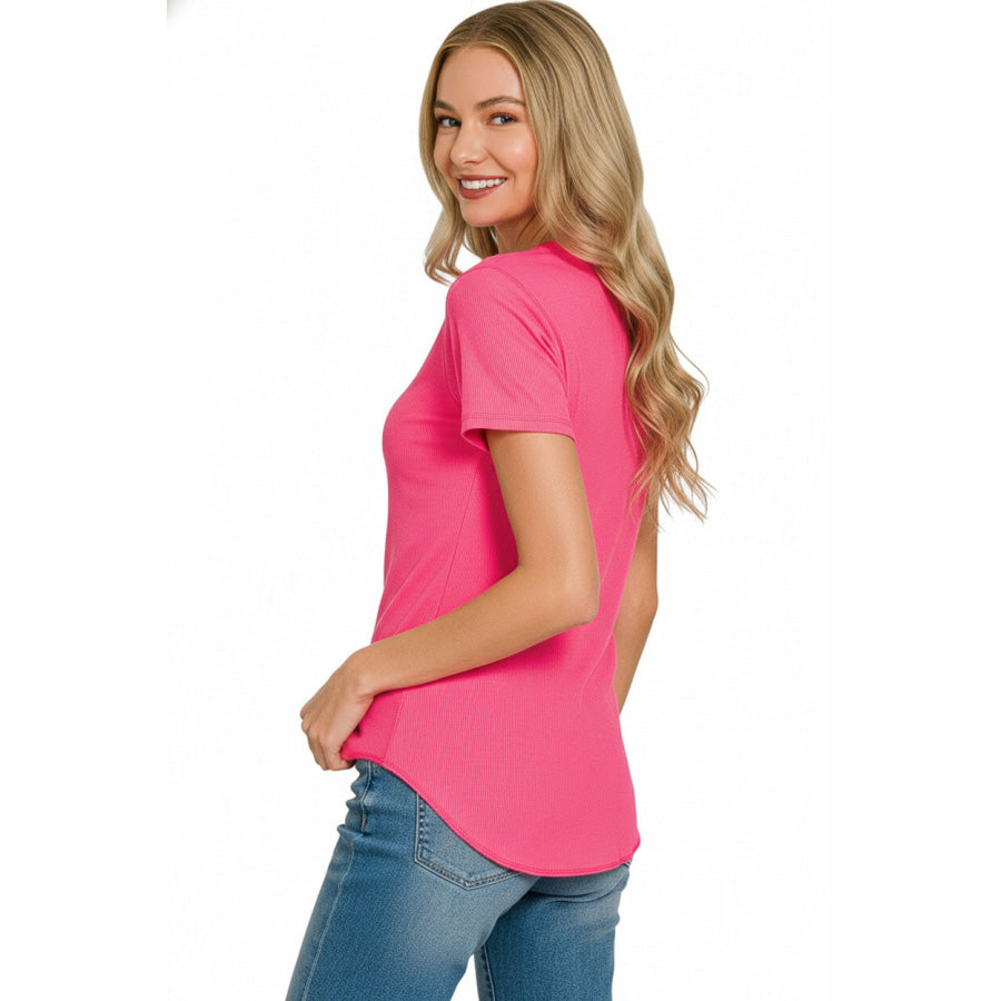 Zenana Ribbed Curved Hem Round-Neck Tee FUCHSIA / S Apparel and Accessories