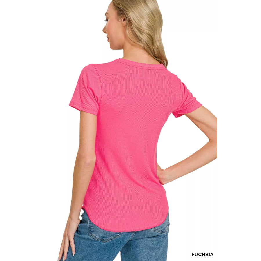 Zenana Ribbed Curved Hem Round-Neck Tee Apparel and Accessories