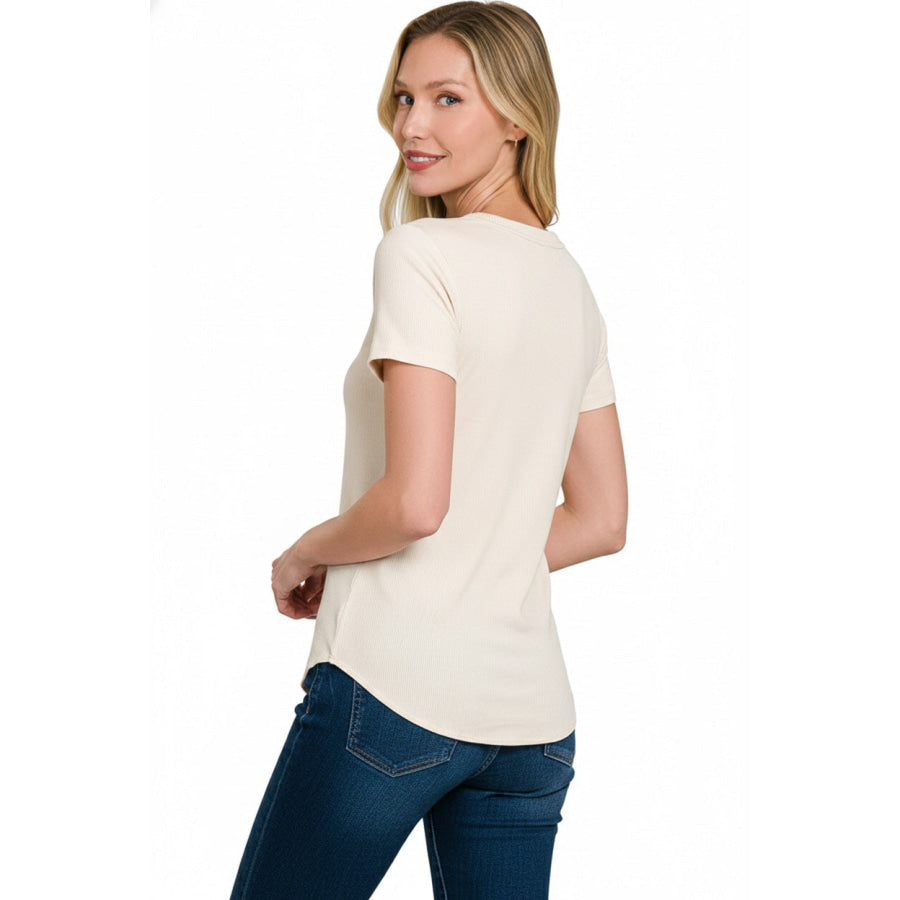 Zenana Ribbed Curved Hem Round-Neck Tee SAND BEIGE / S Apparel and Accessories