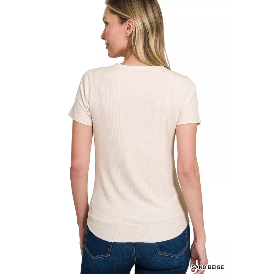 Zenana Ribbed Curved Hem Round-Neck Tee Apparel and Accessories