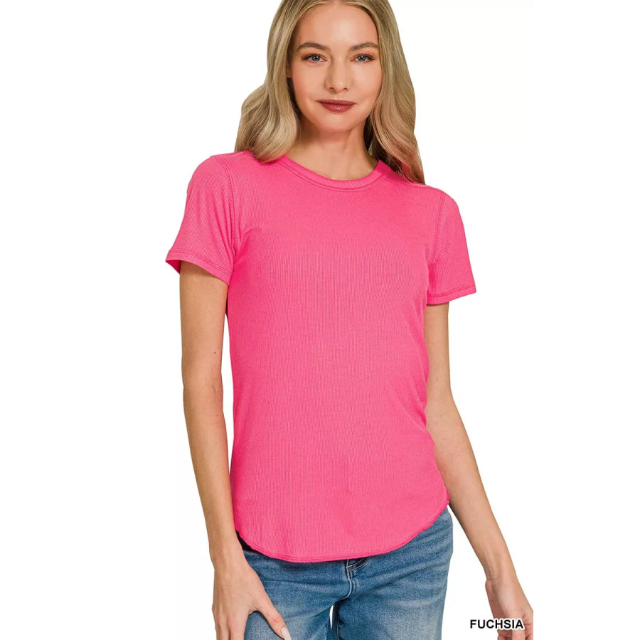 Zenana Ribbed Curved Hem Round-Neck Tee FUCHSIA / S Apparel and Accessories