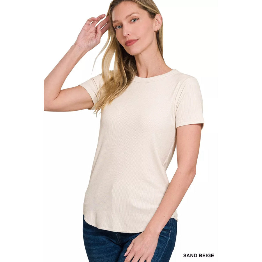 Zenana Ribbed Curved Hem Round-Neck Tee SAND BEIGE / S Apparel and Accessories
