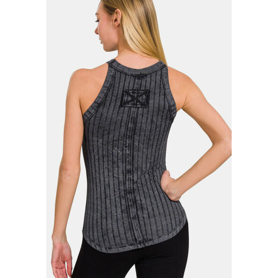 Zenana Ribbed Grecian Neck Tank ASHBLACK / S Apparel and Accessories