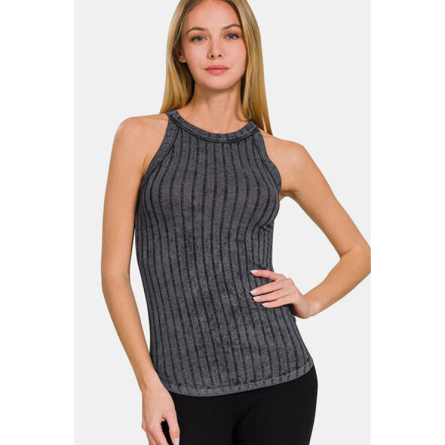 Zenana Ribbed Grecian Neck Tank ASHBLACK / S Apparel and Accessories