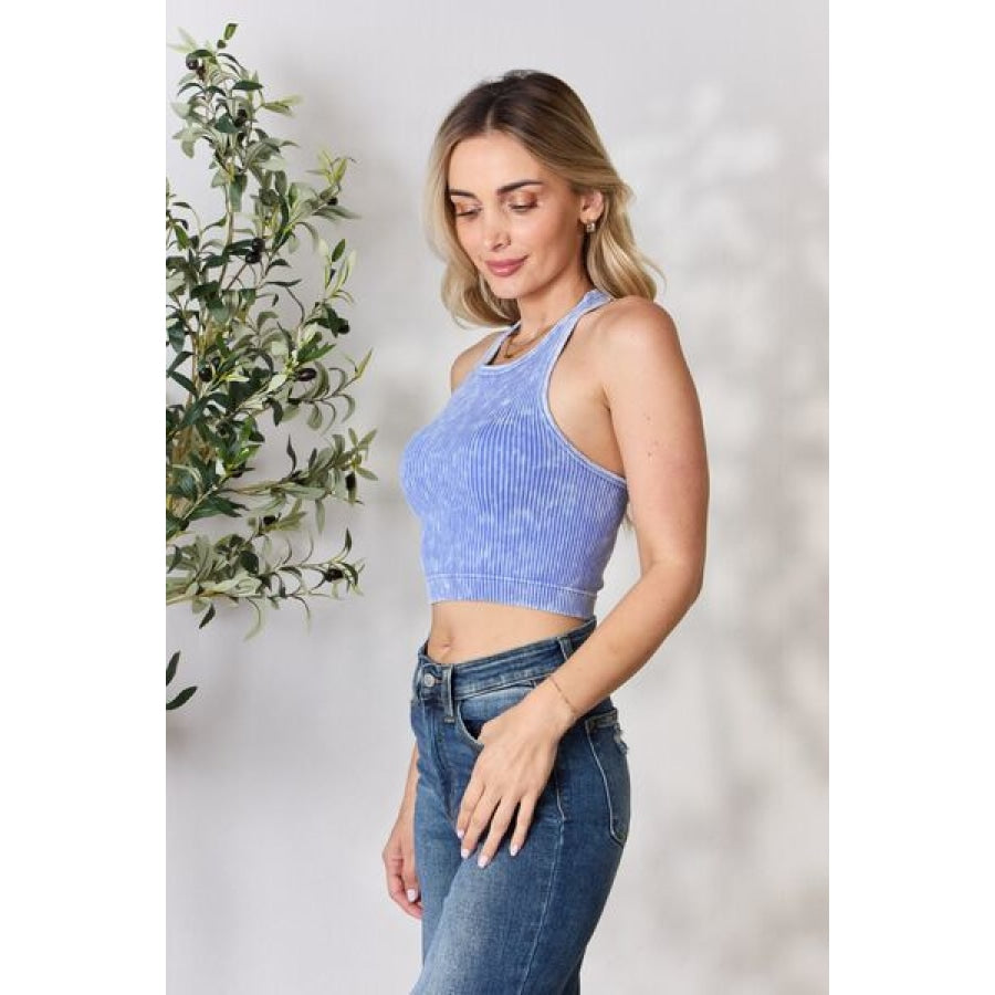 Zenana Ribbed Round Neck Cropped Tank Light Indigo / S/M Apparel and Accessories