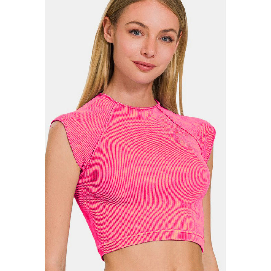 Zenana Ribbed Round Neck Cropped Top Apparel and Accessories