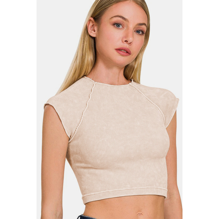 Zenana Ribbed Round Neck Cropped Top Apparel and Accessories