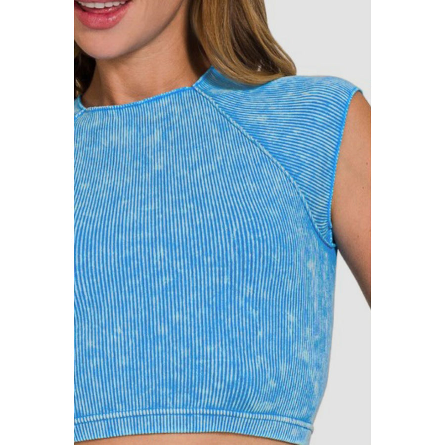 Zenana Ribbed Round Neck Cropped Top Apparel and Accessories