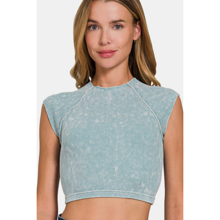 Zenana Ribbed Round Neck Cropped Top Blue Grey / S/M Apparel and Accessories