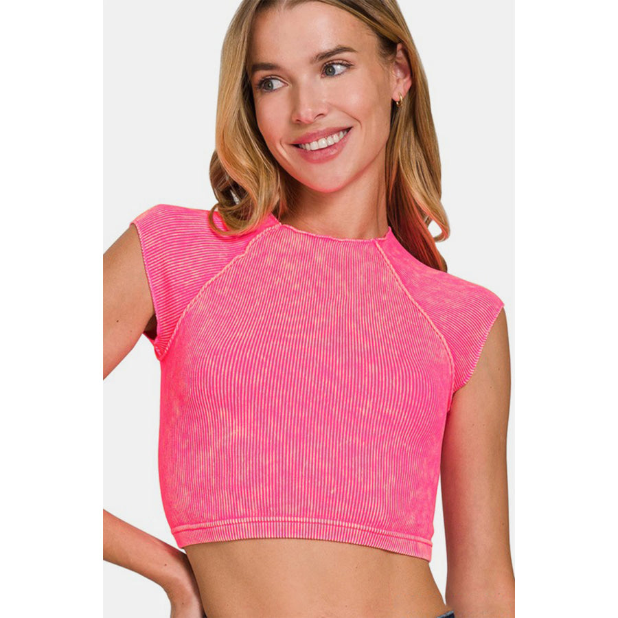 Zenana Ribbed Round Neck Cropped Top Hot Pink / S/M Apparel and Accessories