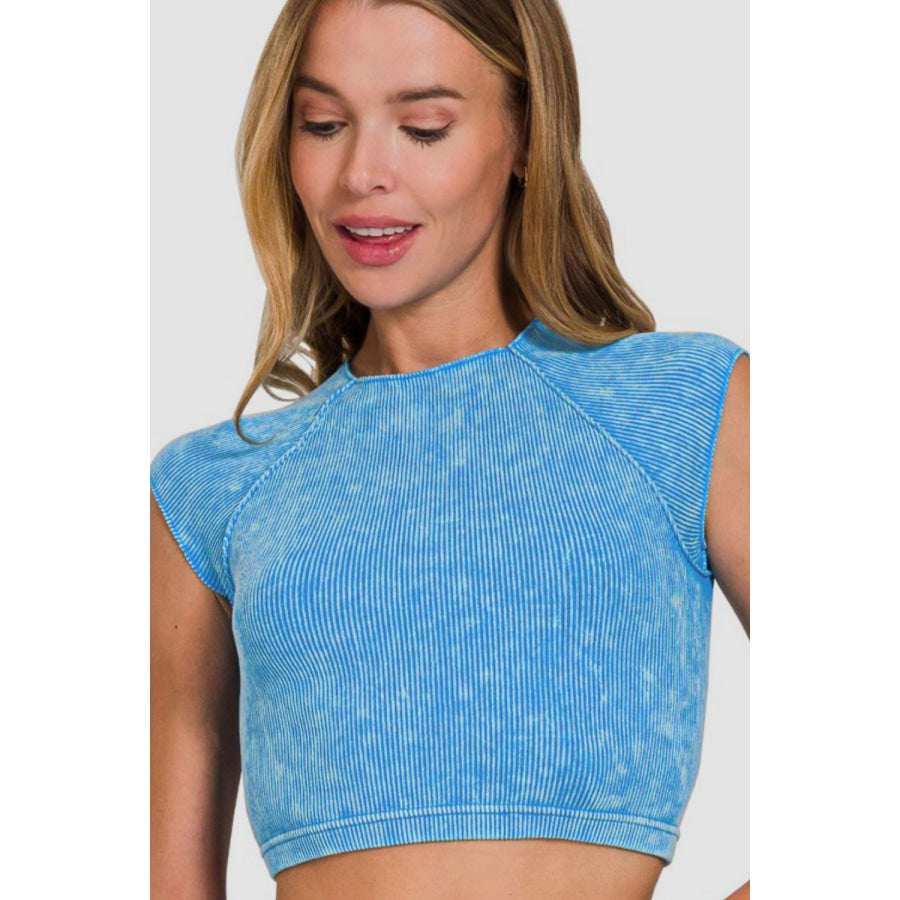 Zenana Ribbed Round Neck Cropped Top Sky Blue / S/M Apparel and Accessories