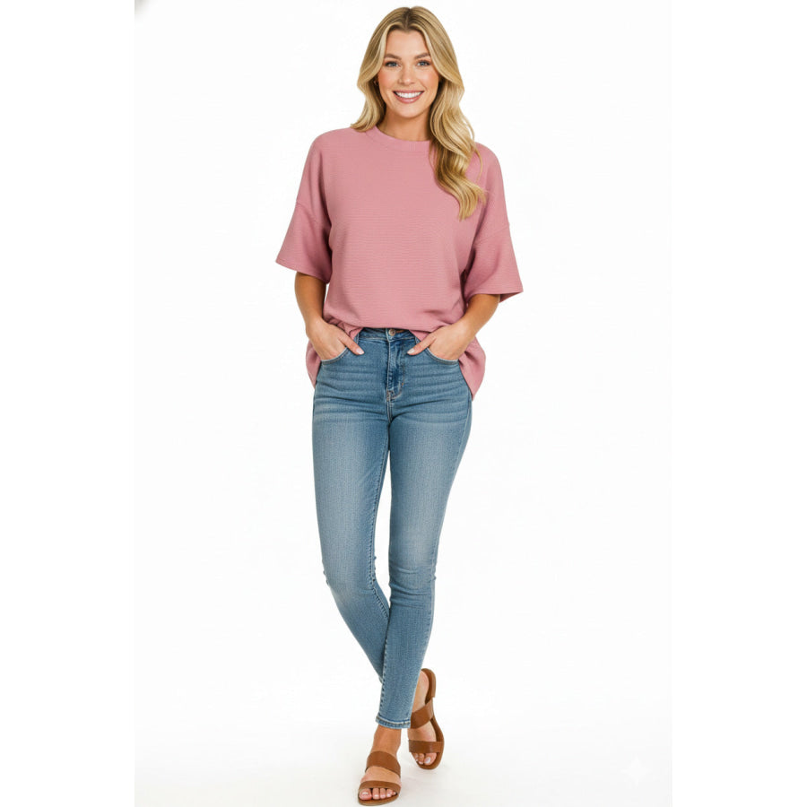 Zenana Ribbed Round Neck Waist Banded T-Shirt Apparel and Accessories