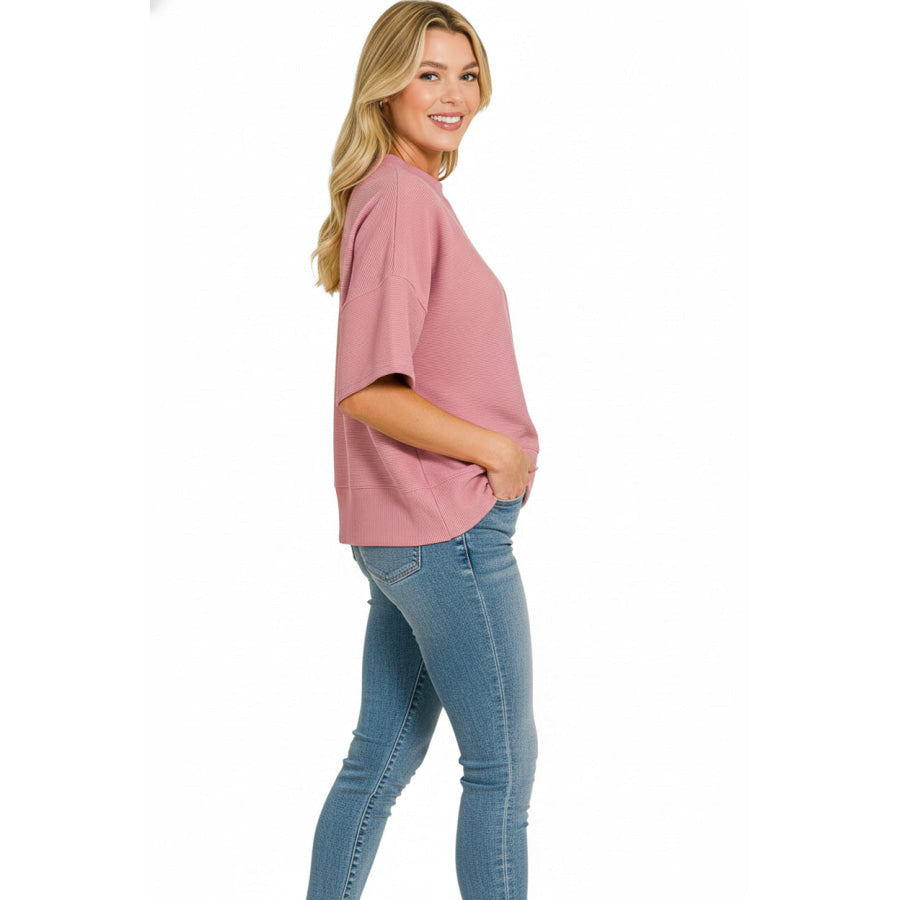 Zenana Ribbed Round Neck Waist Banded T-Shirt Apparel and Accessories