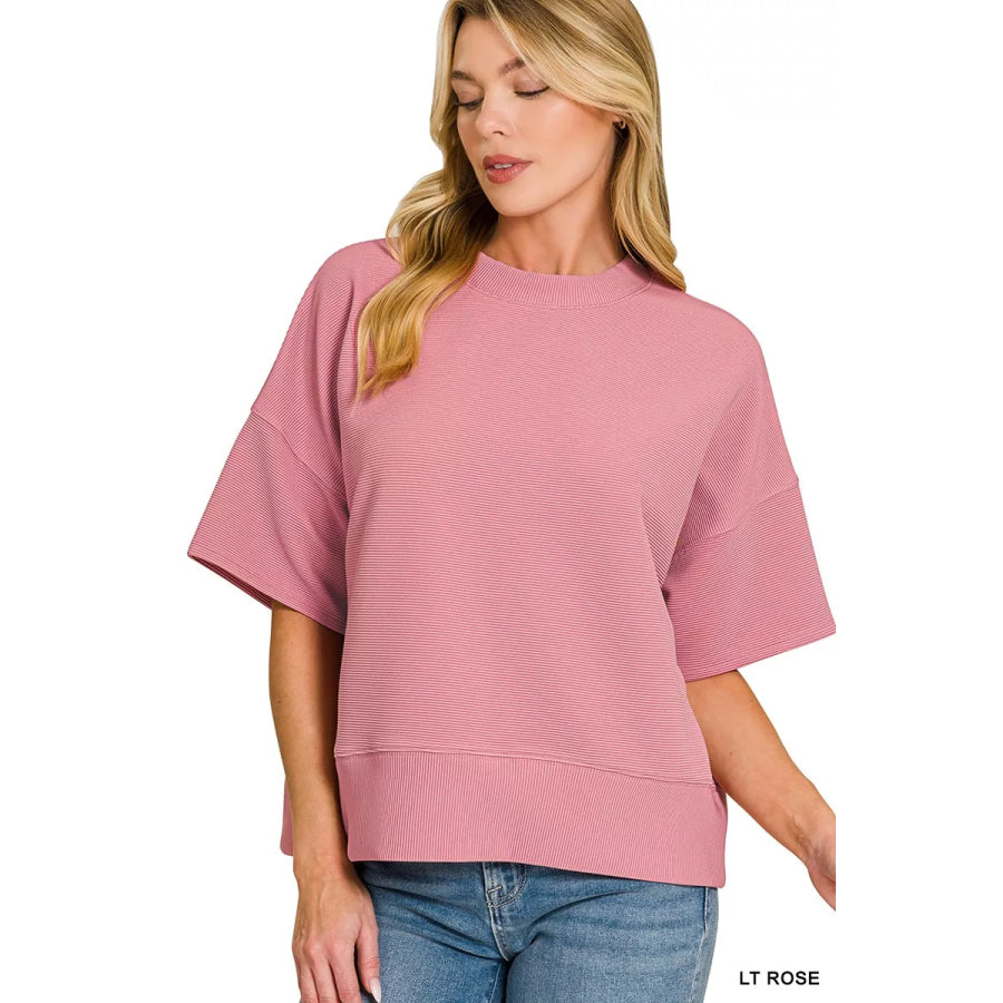 Zenana Ribbed Round Neck Waist Banded T-Shirt LT ROSE / S Apparel and Accessories