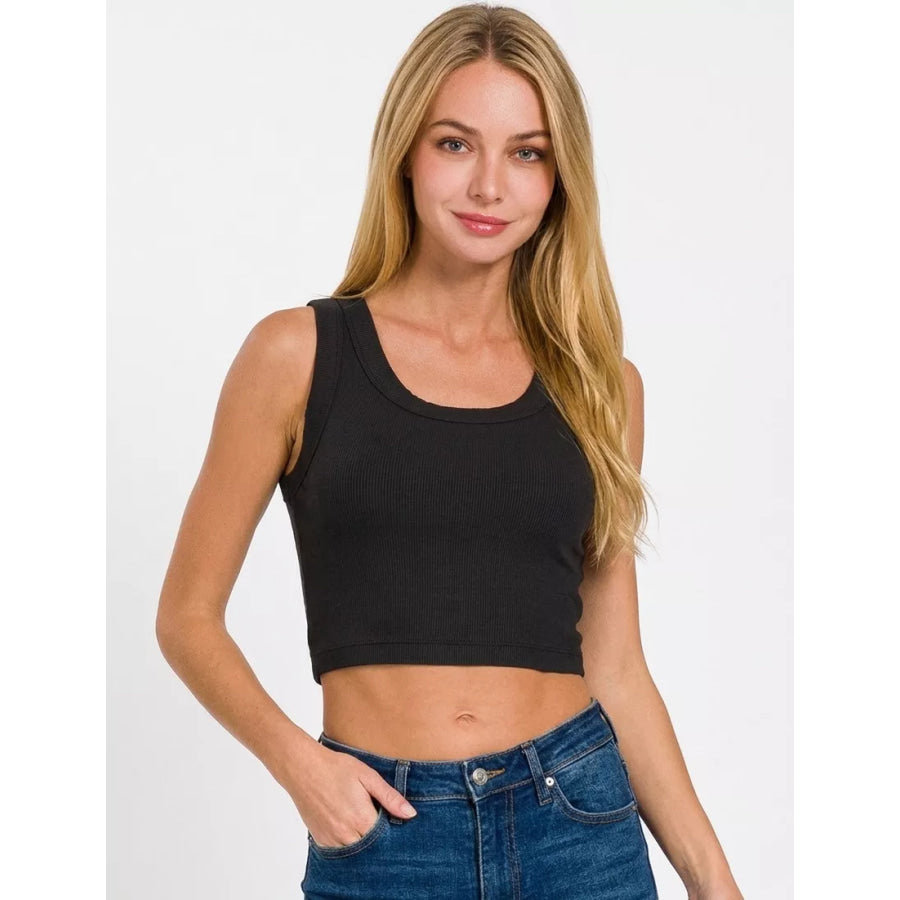 Zenana Ribbed Scoop Neck Cropped Tank Top BLACK / S Apparel and Accessories