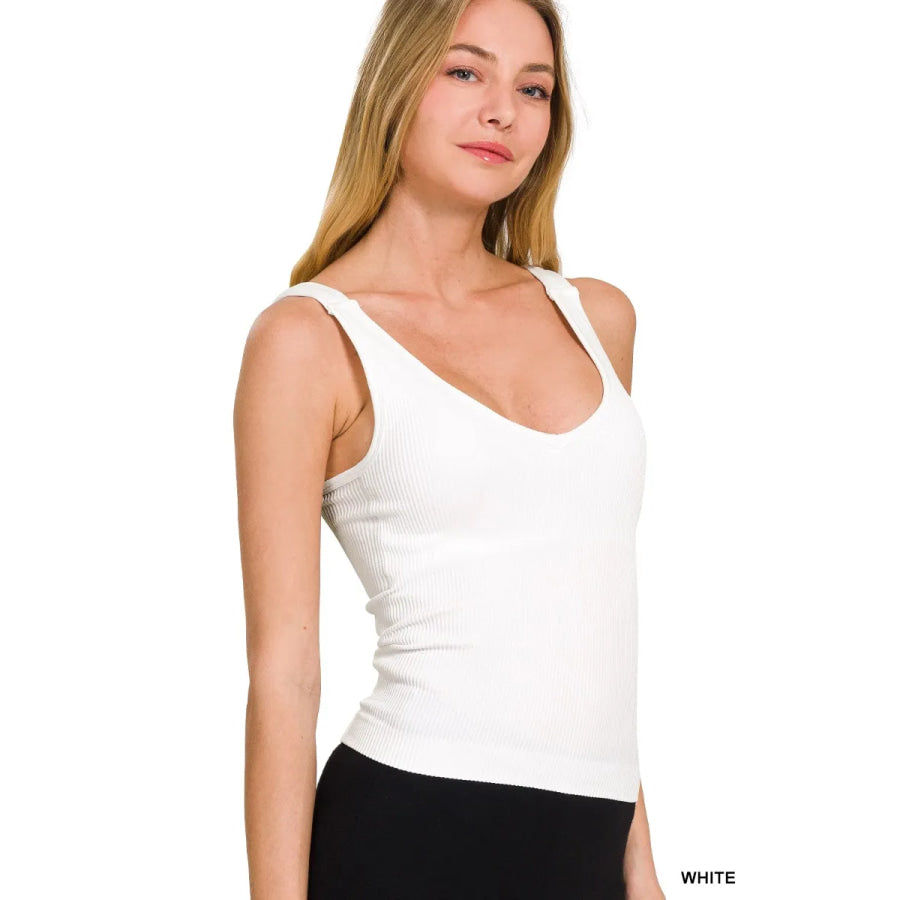 Zenana Ribbed Seamless Bra Padded V-neck Tank Top WHITE / S/M Apparel and Accessories