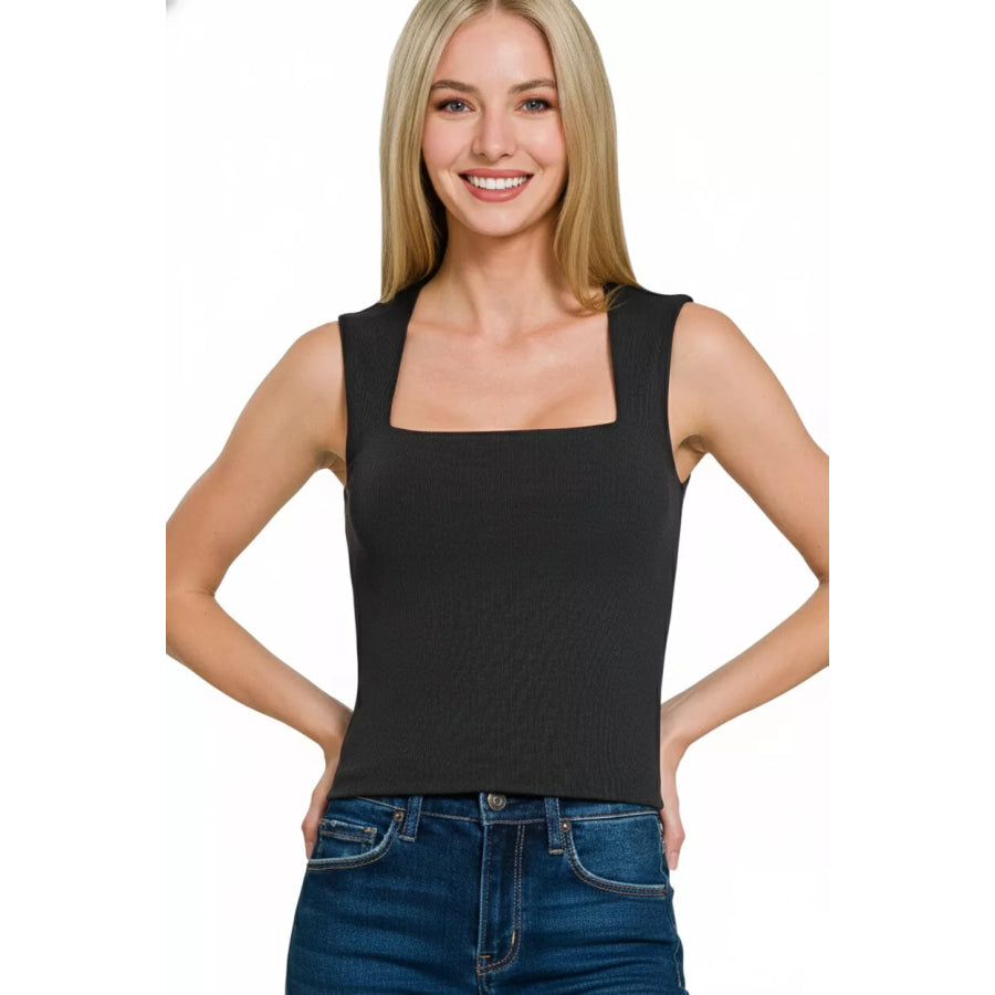 Zenana Ribbed Seamless Double Layered Square Neck Tank BLACK / S Apparel and Accessories