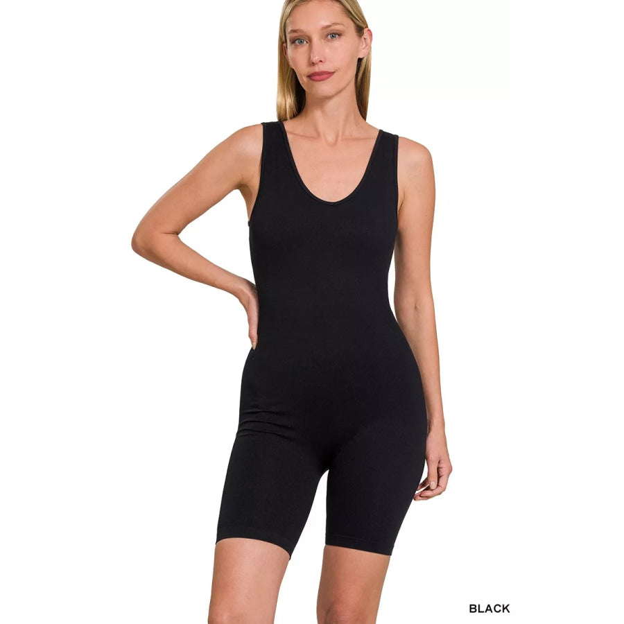 Zenana Ribbed Seamless Sports Romper BLACK / S/M Apparel and Accessories