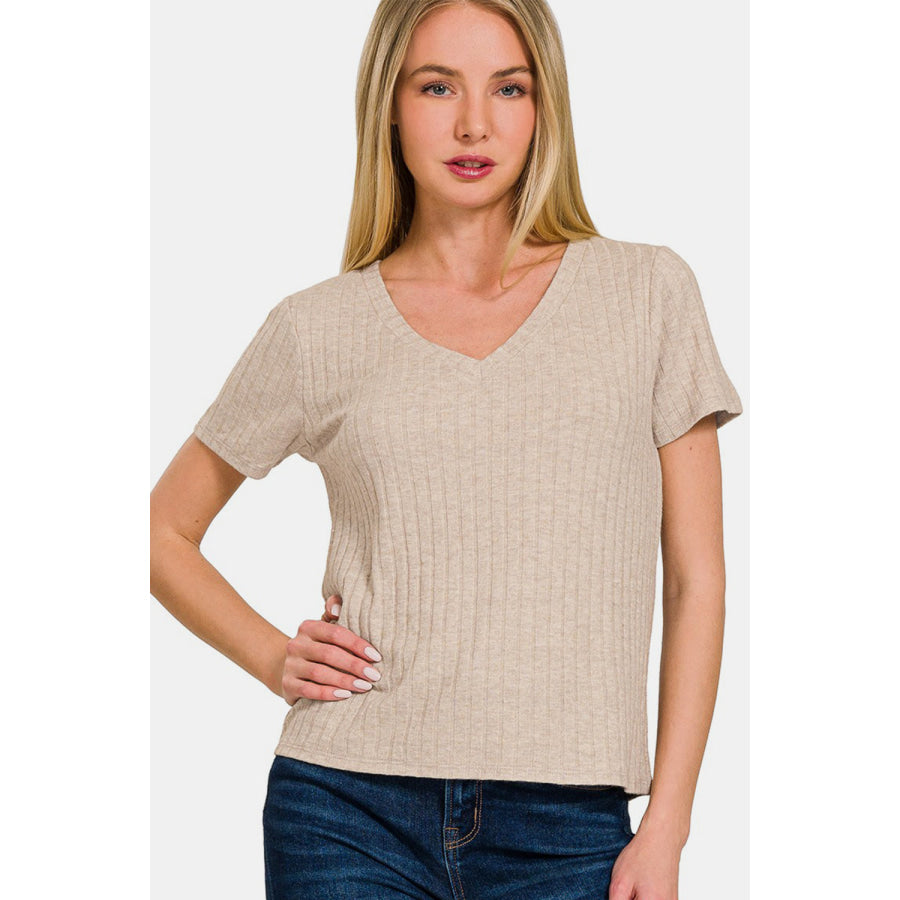 Zenana Ribbed Short Sleeve T-Shirt Ash Mocha / S Apparel and Accessories