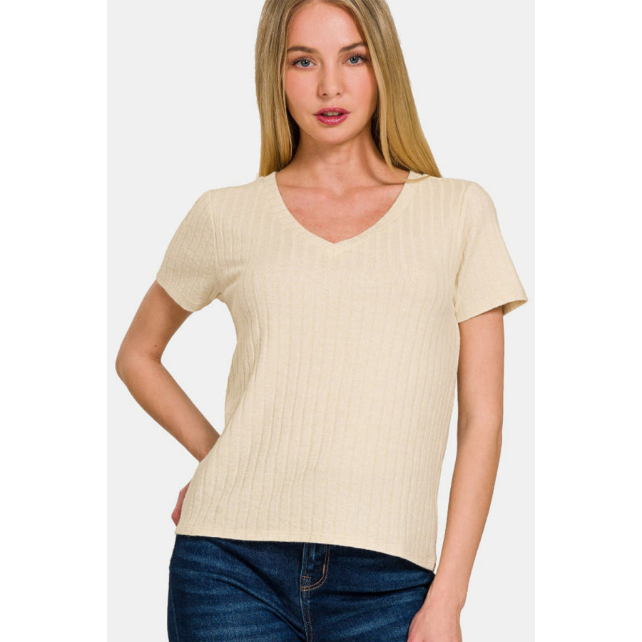 Zenana Ribbed Short Sleeve T-Shirt Sand Beige / S Apparel and Accessories