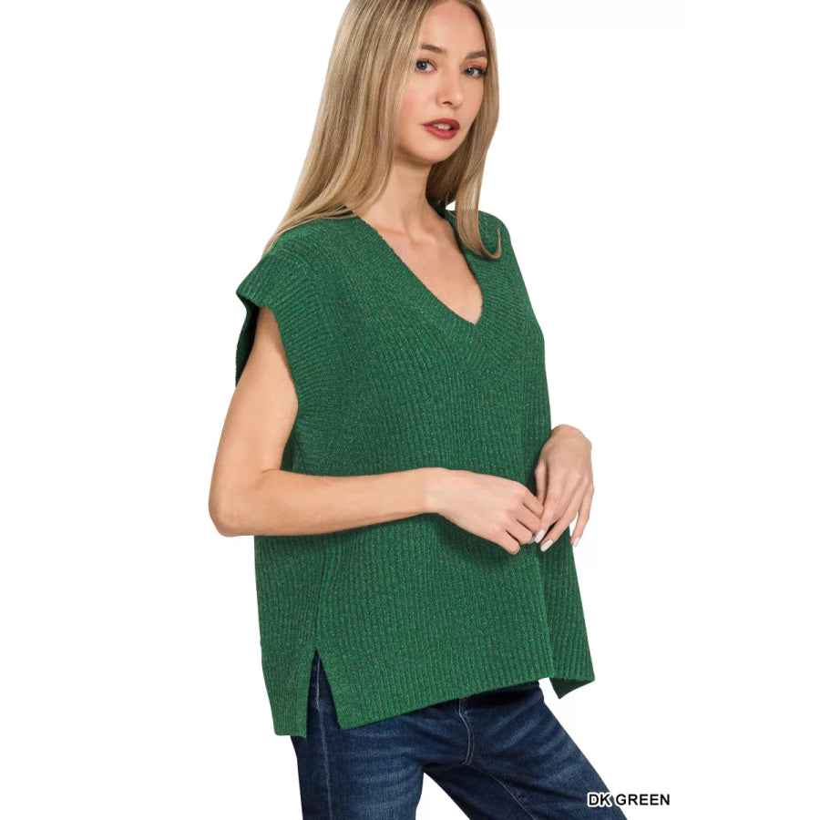 Zenana Ribbed Slit V-Neck Sweater Vest Apparel and Accessories