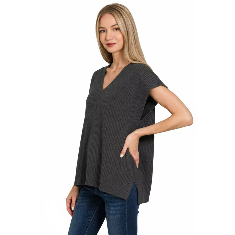 Zenana Ribbed Slit V-Neck Sweater Vest BLACK / S Apparel and Accessories