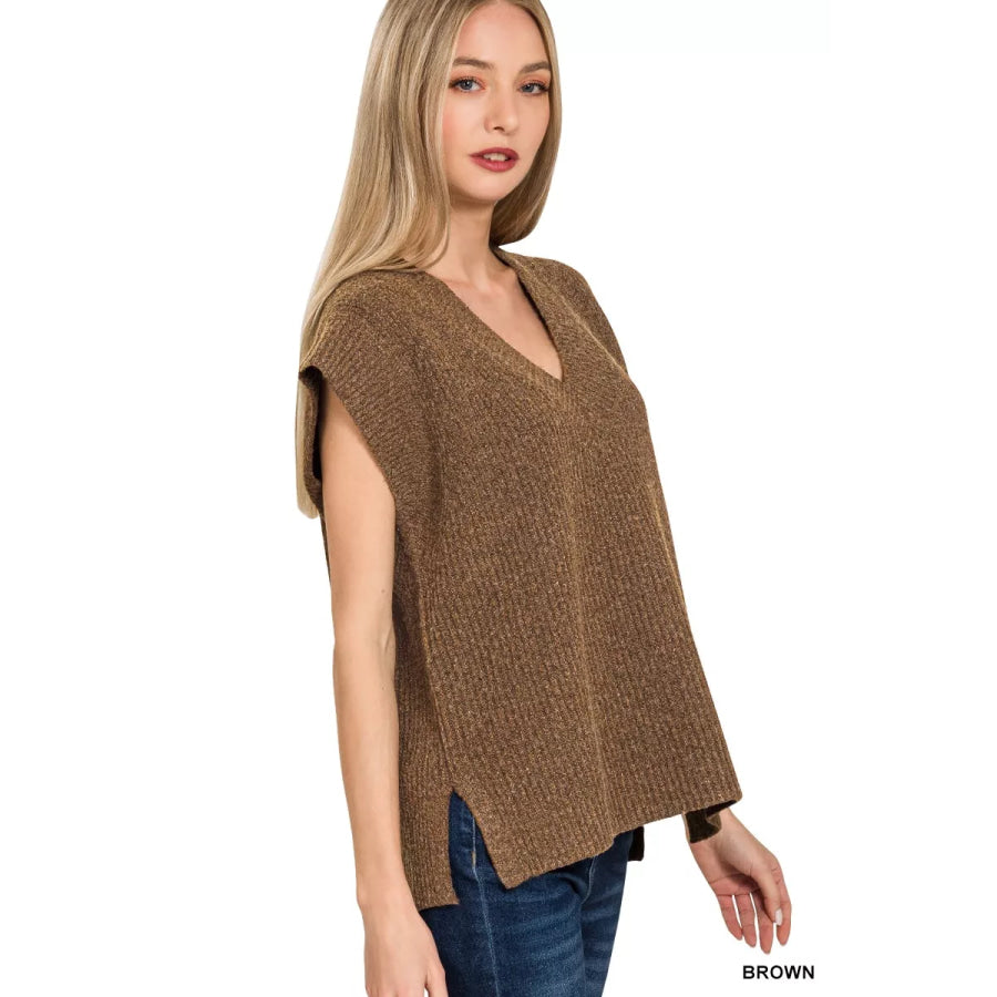 Zenana Ribbed Slit V-Neck Sweater Vest BROWN / S Apparel and Accessories