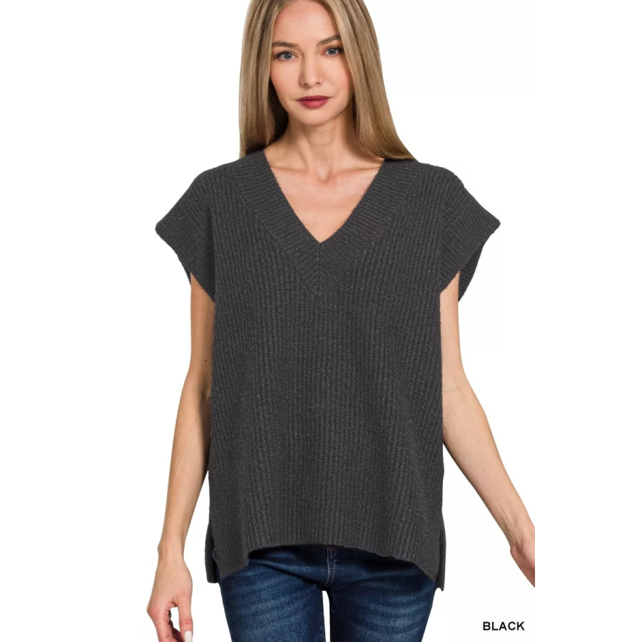 Zenana Ribbed Slit V-Neck Sweater Vest BLACK / S Apparel and Accessories
