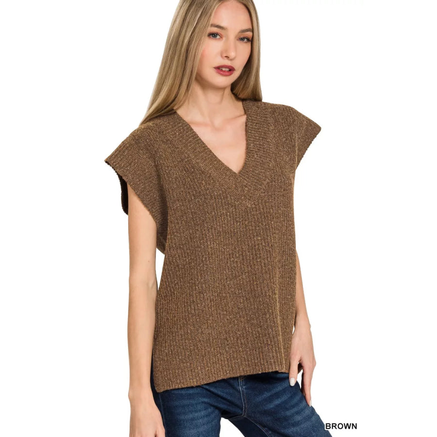 Zenana Ribbed Slit V-Neck Sweater Vest BROWN / S Apparel and Accessories